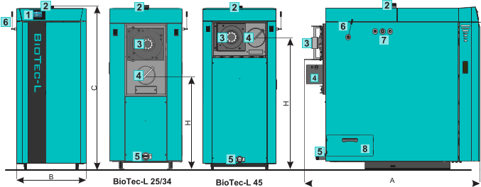 Koksnes gazifikācijas malkas apkures katli BioTec-L 25-45kW parametri